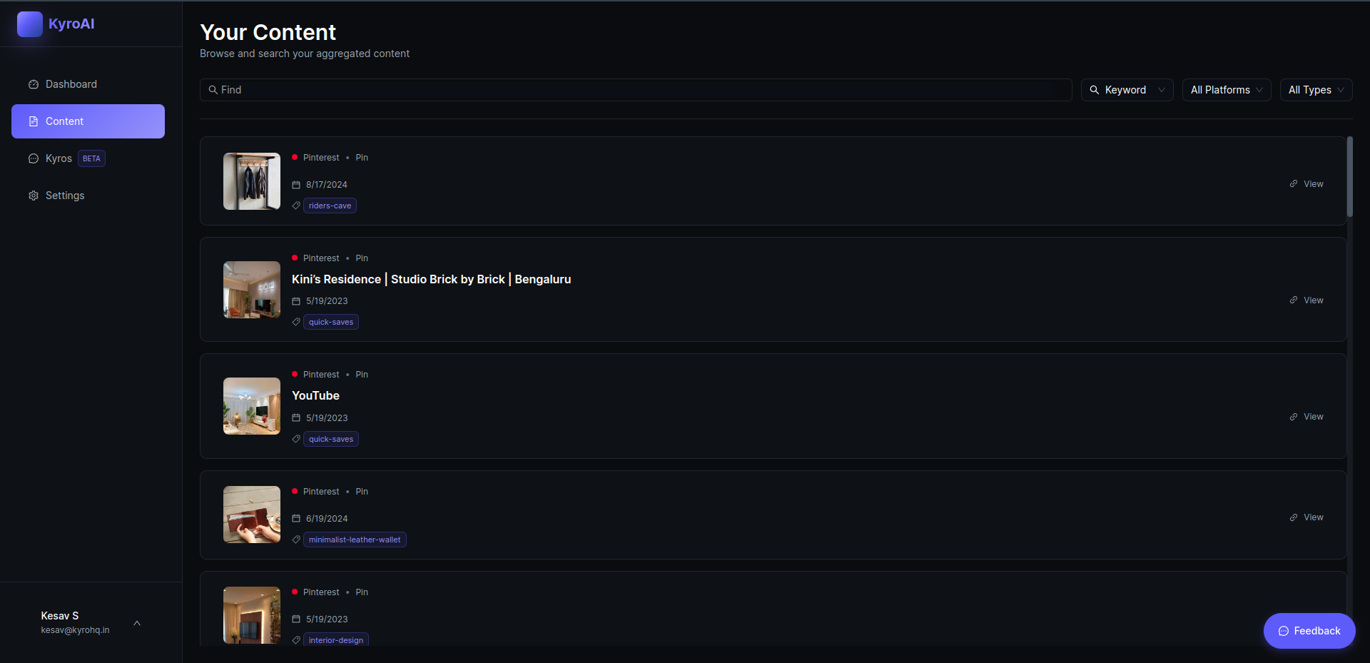 KyroAI Content Library - Unified view of all saved content